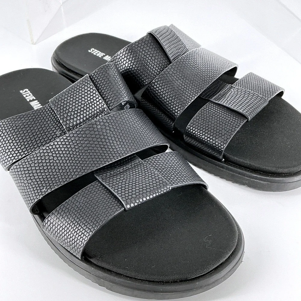 Steve‎ Madden Mens Size 9 Shoal Black Textured Triple Strap Slides Sandals